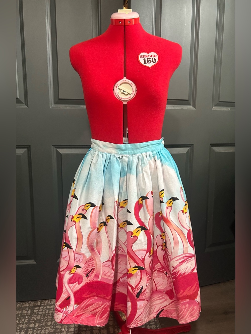 Unique Vintage Pink Flamingo Circle Skirt with Aqua Ombre Waist